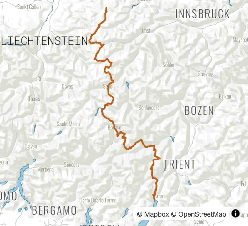 Hütten Alpenüberquerung MTB Oberstdorf Gardasee in der Trail XL Variante - Übersichtskarte