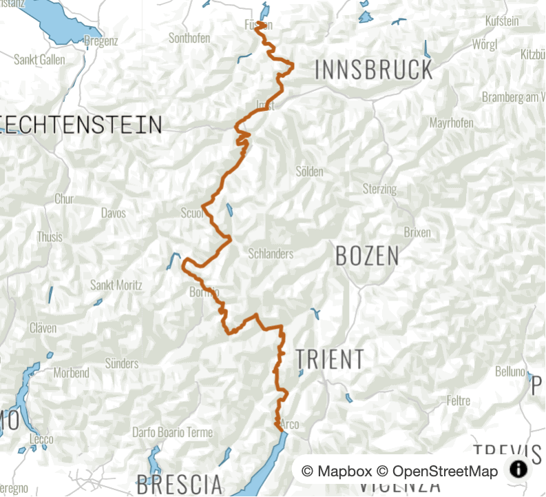All Mountain Alpencross von Füssen nach Riva am Gardasee - Übersichtskarte