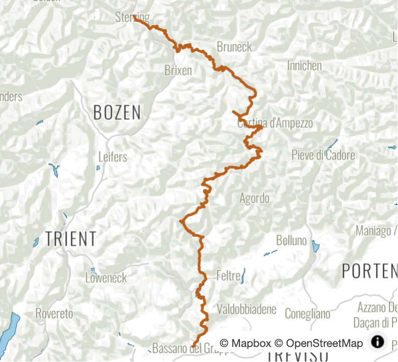 Dolomiten-Transalp: In 6 Etappen von Sterzing nach Bassano del Grappa - Übersichtskarte