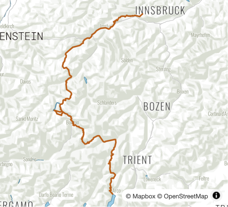Transalp Seefeld – Gardasee: 7 Etappen Trailgenuss über drei Naturparks - Übersichtskarte
