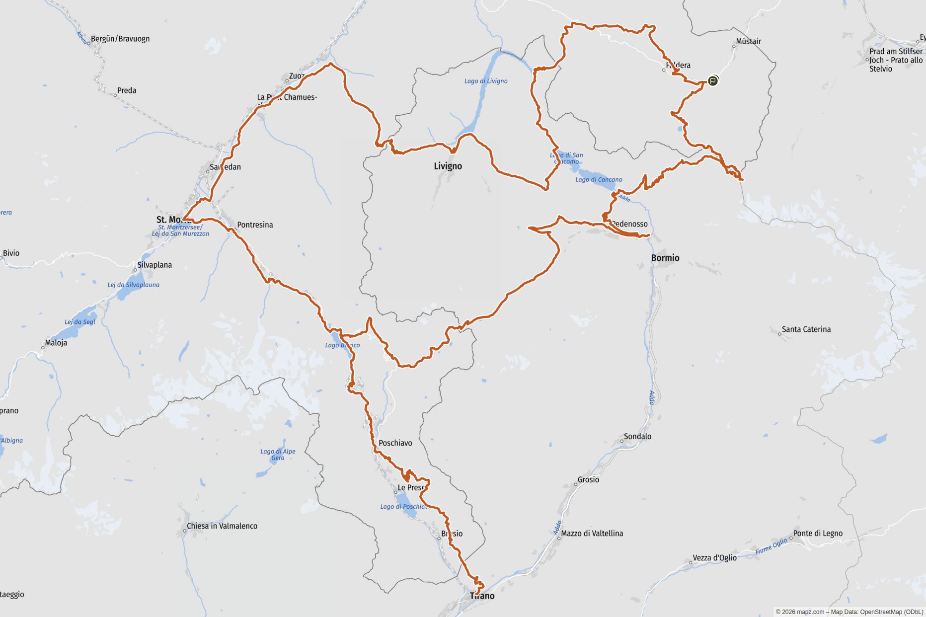 Übersichtskarte Eine fordernde Alpenrunde ab dem Val Müstair über Engadin, Veltlin und Stilfser Joch, die ständig Landschaft, Sprache und Licht wechselt. Übersichtskarte Eine fordernde Alpenrunde ab dem Val Müstair über Engadin, Veltlin und Stilfser Joch, die ständig Landschaft, Sprache und Licht wechselt.