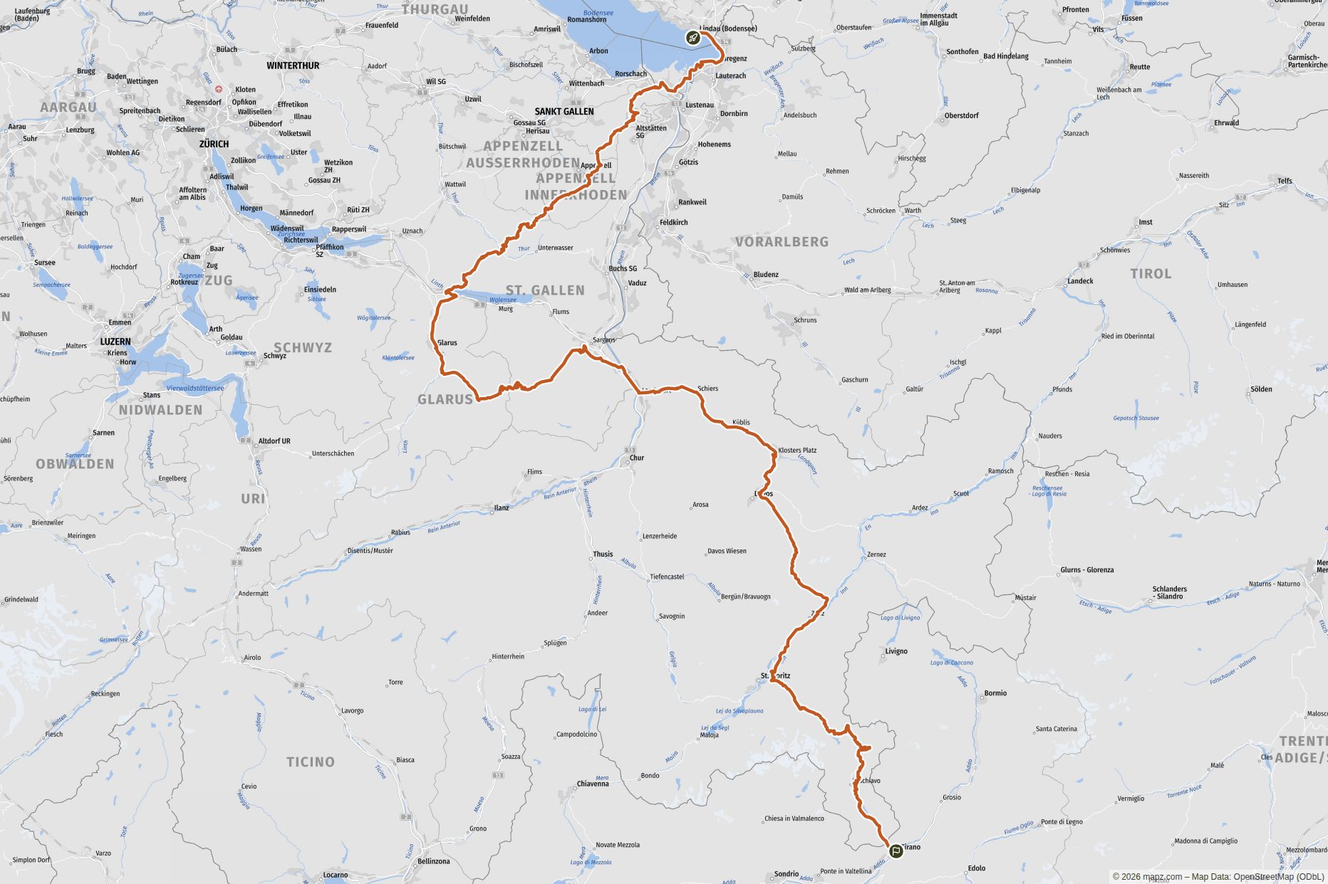 Übersichtskarte Vom Bodensee über Scaletta und Bernina hinunter ins Veltlin Übersichtskarte Vom Bodensee über Scaletta und Bernina hinunter ins Veltlin