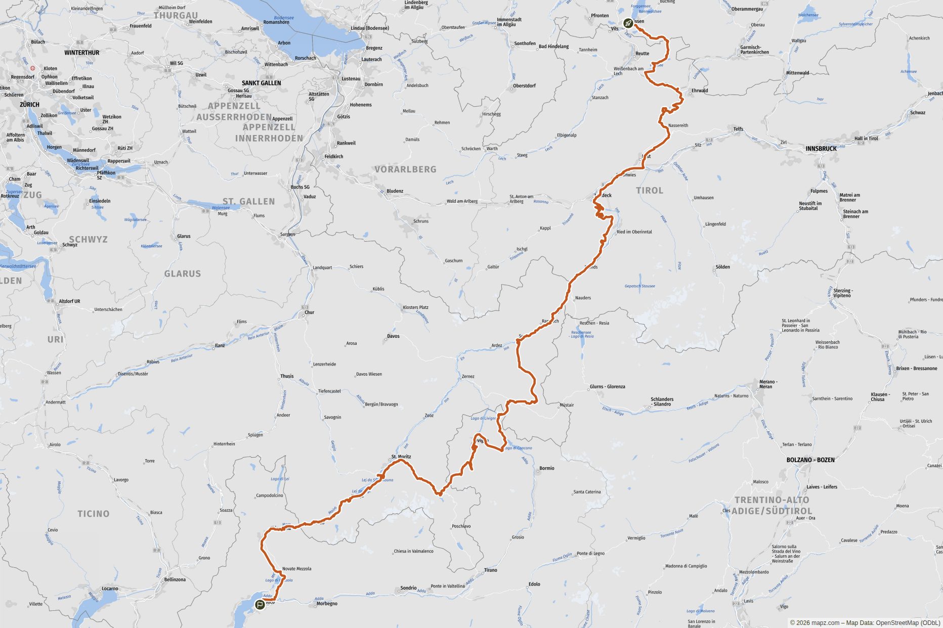 Übersichtskarte Von Füssen an den Comer See: Transalp über hohe Pässe, vorbei an vielen Seen Übersichtskarte Von Füssen an den Comer See: Transalp über hohe Pässe, vorbei an vielen Seen