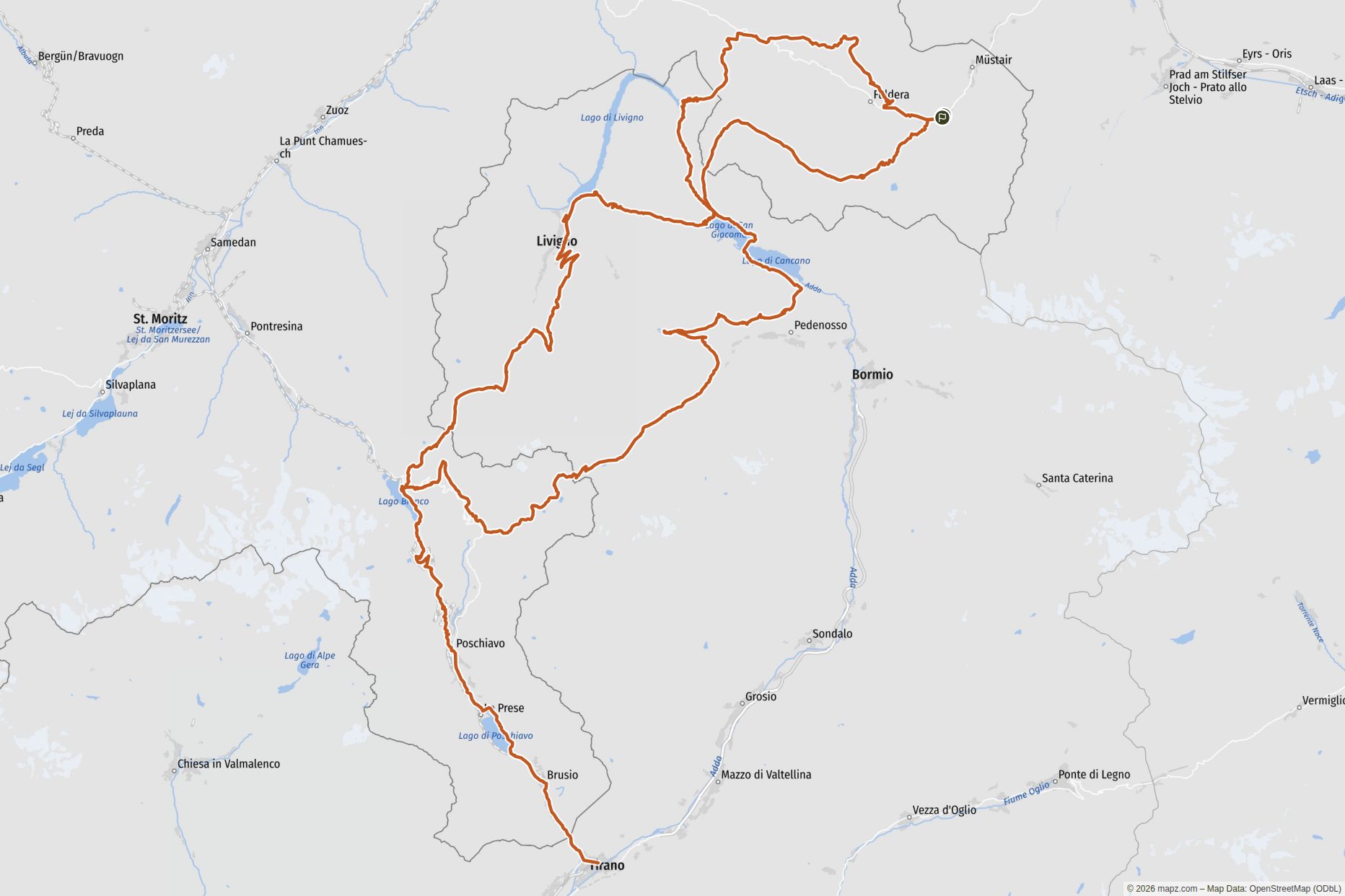 Übersichtskarte Eine geschlossene Runde zwischen Val Müstair, Livigno und Veltlin, die Passhöhen, Bergseen und lange Abfahrten mit echtem Anspruch an Lunge und Technik verbindet. Übersichtskarte Eine geschlossene Runde zwischen Val Müstair, Livigno und Veltlin, die Passhöhen, Bergseen und lange Abfahrten mit echtem Anspruch an Lunge und Technik verbindet.