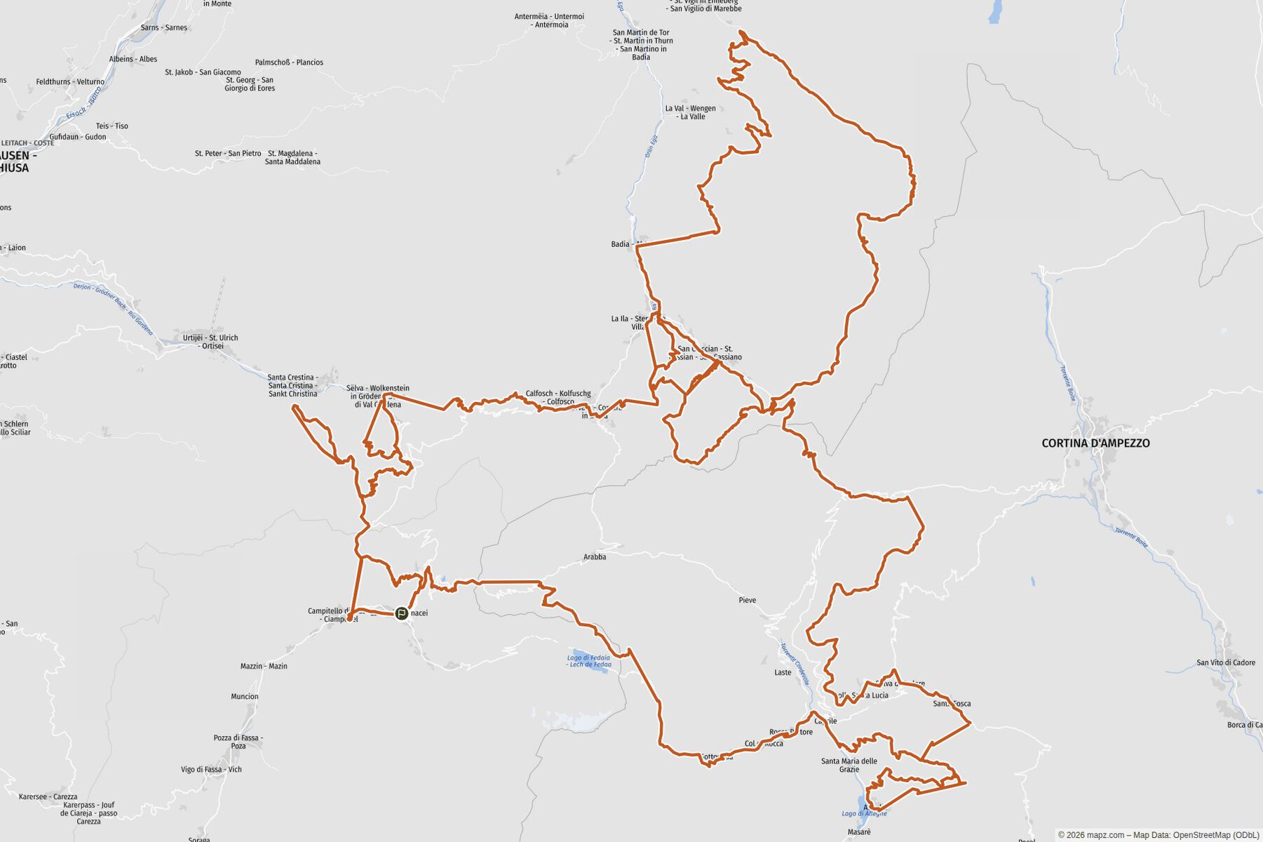 Übersichtskarte Eine Dolomitenrunde ab Canazei, die Pässe, Seen und Bergbahnen klug verbindet und trotzdem fitte, trittsichere Biker verlangt Übersichtskarte Eine Dolomitenrunde ab Canazei, die Pässe, Seen und Bergbahnen klug verbindet und trotzdem fitte, trittsichere Biker verlangt