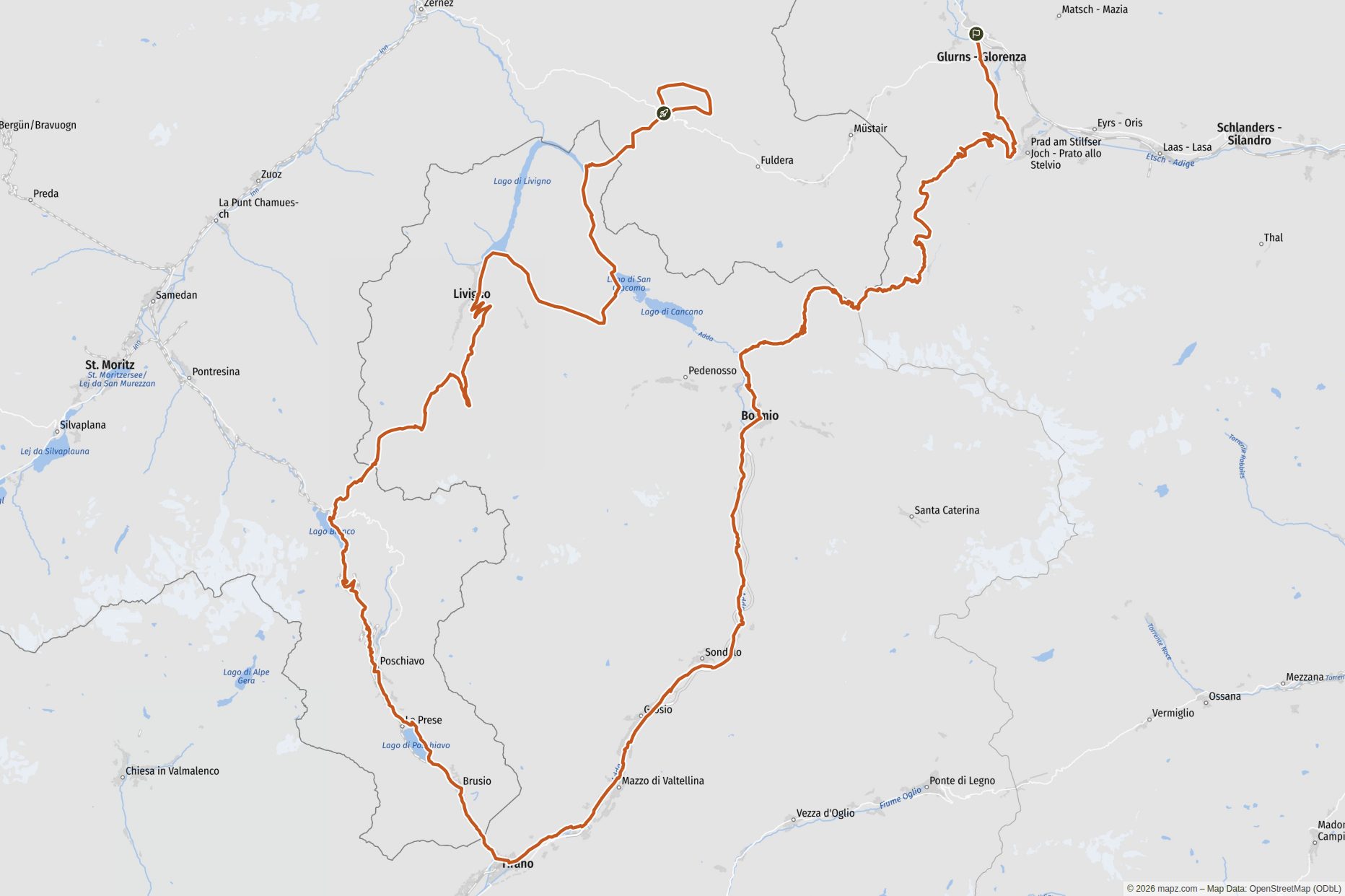 Übersichtskarte Drei hochalpine Tage zwischen Val Müstair und Vinschgau, mit langen Abfahrten, viel Höhe und einem Finale, das Kraft und Bremskontrolle verlangt. Übersichtskarte Drei hochalpine Tage zwischen Val Müstair und Vinschgau, mit langen Abfahrten, viel Höhe und einem Finale, das Kraft und Bremskontrolle verlangt.