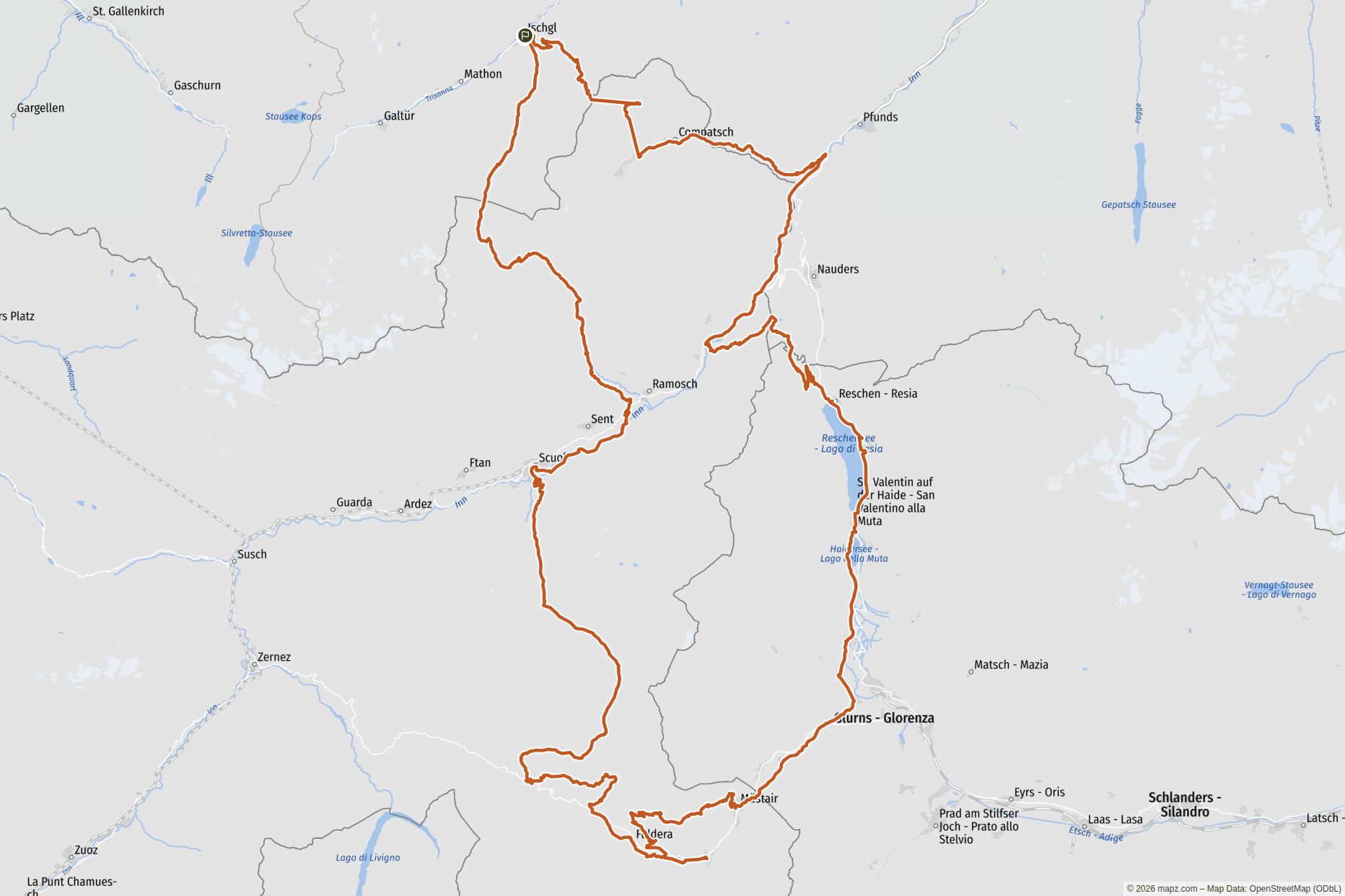 Übersichtskarte Eine geschlossene Dreiländerrunde mit hohen Pässen, langen Abfahrten und einem harten letzten Tag zurück nach Ischgl. Übersichtskarte Eine geschlossene Dreiländerrunde mit hohen Pässen, langen Abfahrten und einem harten letzten Tag zurück nach Ischgl.