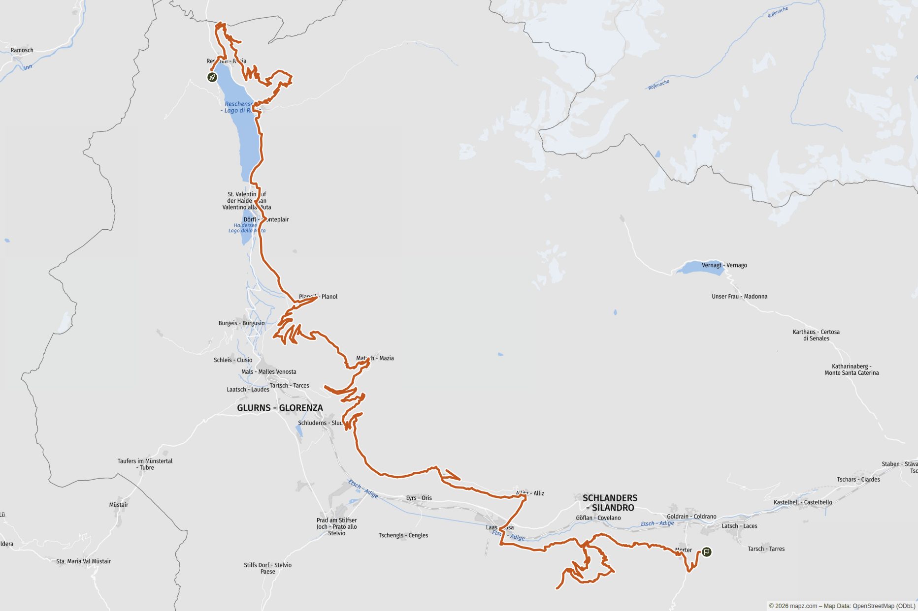 Übersichtskarte Vom Reschensee bis Latsch hinunter, aber jeden Tag erst kräftig bergauf: eine Vinschgau-Tour mit Hochlagen, steilen Rampen und technischem Biss Übersichtskarte Vom Reschensee bis Latsch hinunter, aber jeden Tag erst kräftig bergauf: eine Vinschgau-Tour mit Hochlagen, steilen Rampen und technischem Biss